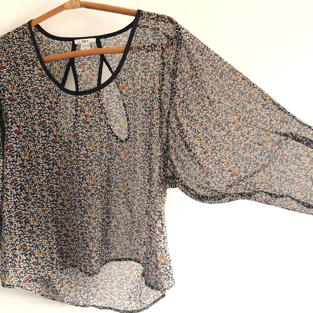 Bar III Keyhole Sheer LS Blouse Floral Leaf S - Picture 2 of 8